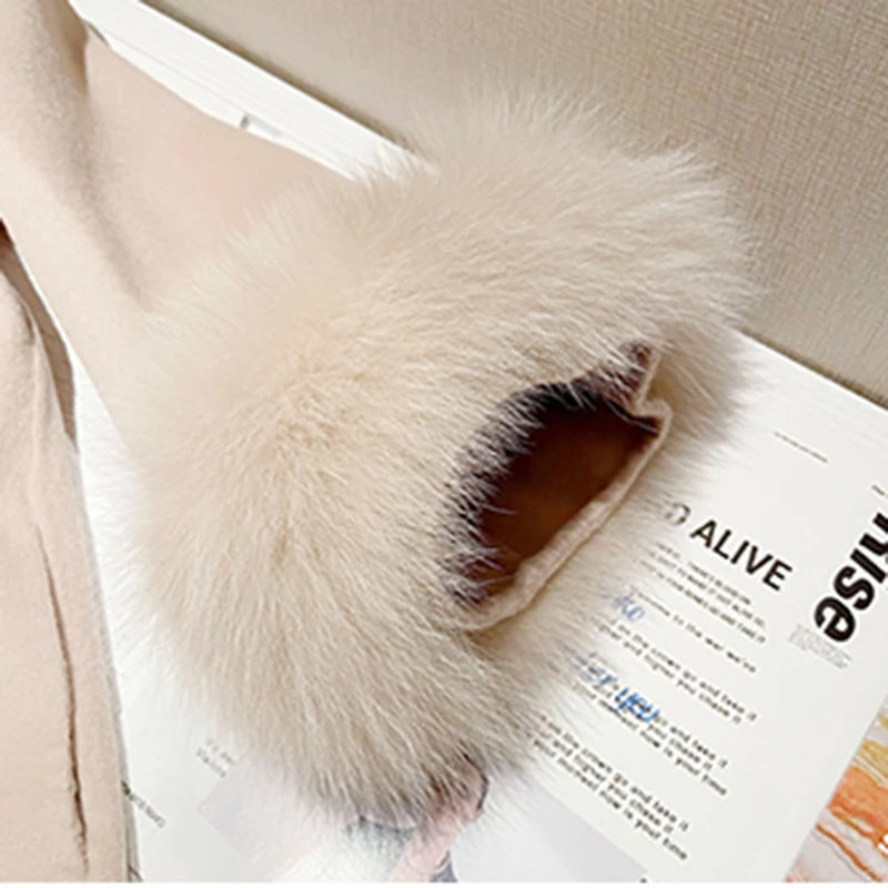 Winter Woolen Coat Fashion Imitation Fox Fur Mid-Length Double-Sided Wool Cloak Thick Warm Outerwear Women Jacket