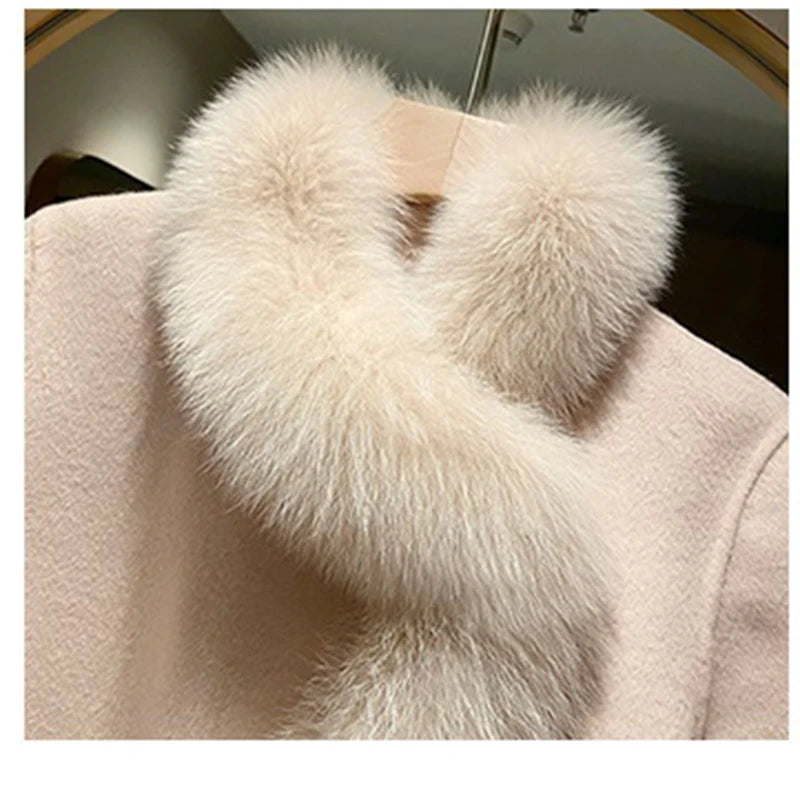 Winter Woolen Coat Fashion Imitation Fox Fur Mid-Length Double-Sided Wool Cloak Thick Warm Outerwear Women Jacket