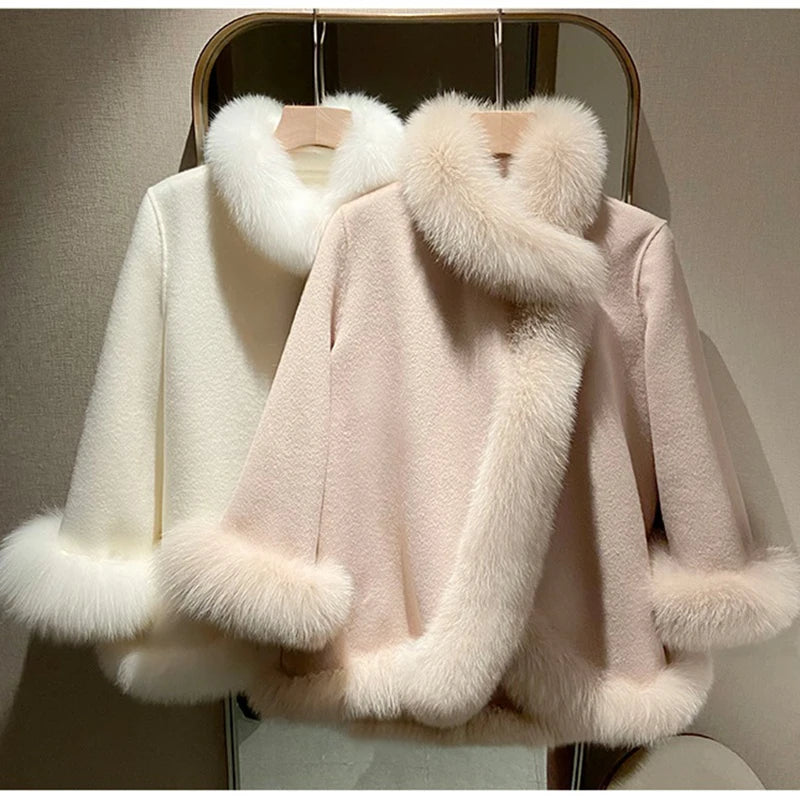 Winter Woolen Coat Fashion Imitation Fox Fur Mid-Length Double-Sided Wool Cloak Thick Warm Outerwear Women Jacket