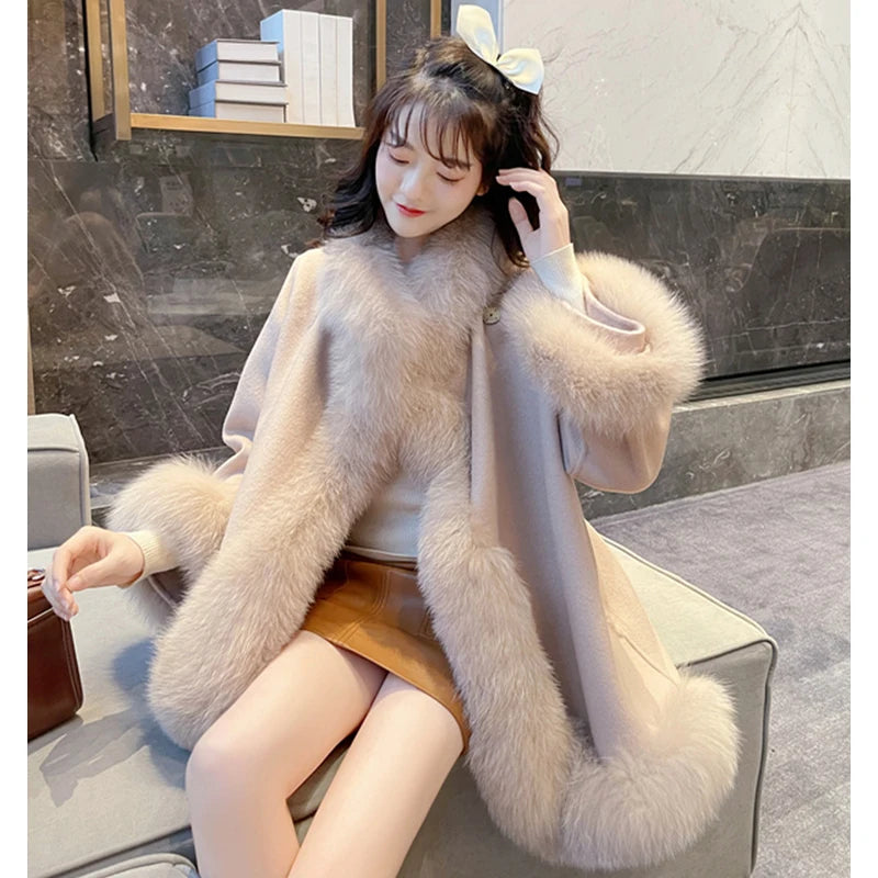 Winter Woolen Coat Fashion Imitation Fox Fur Mid-Length Double-Sided Wool Cloak Thick Warm Outerwear Women Jacket