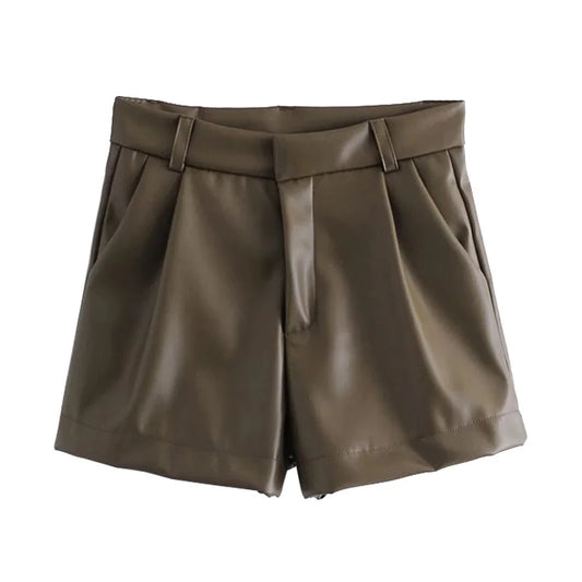 Faux Leather with Side Pockets High Waist Women Short