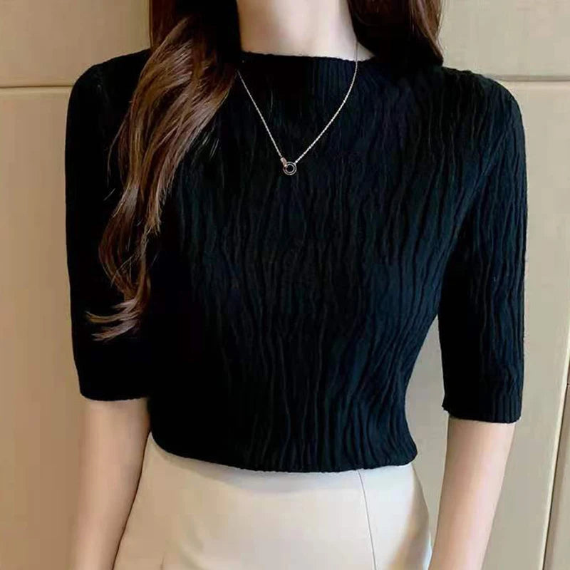 Spring Summer Solid Short Sleeve Pull Casual Slim Sweater