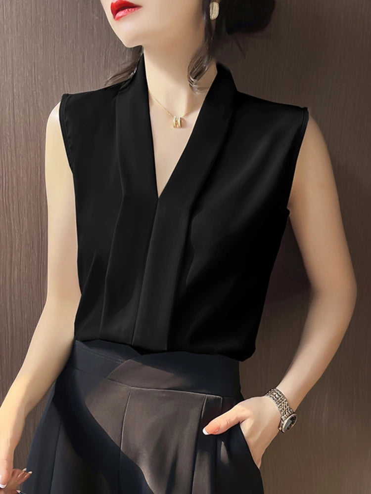 Summer Office Lady Style Sleeveless Tops Elegant Femme Women Blouse