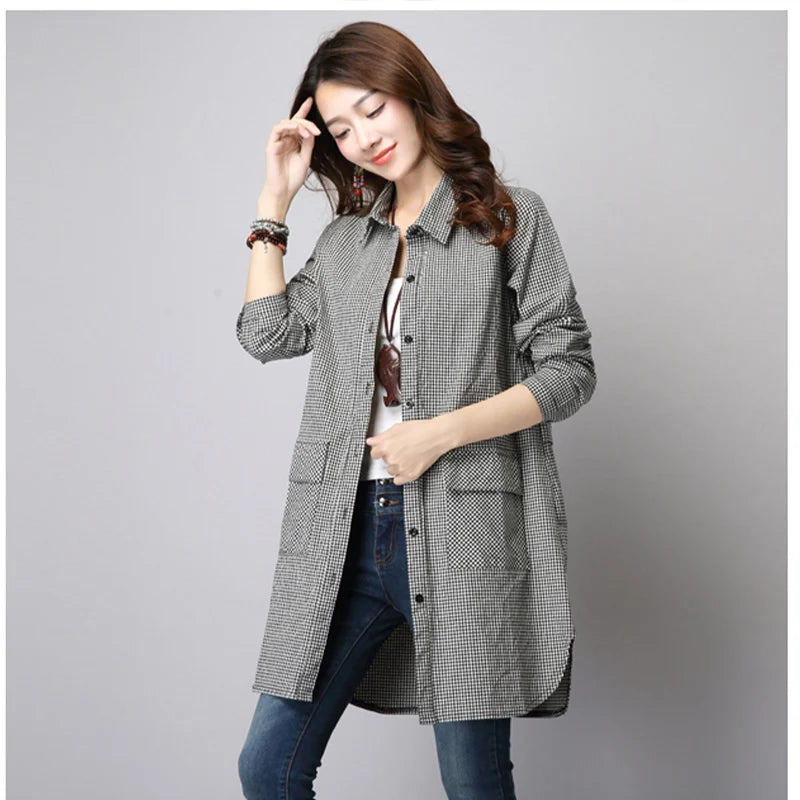 Autumn Long Sleeved Checkered Casual  Cardigan Bottom Shirt