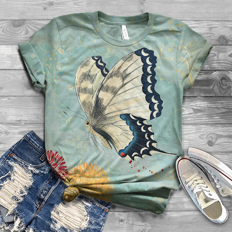 Butterfly Casual Streetwear Short Sleeves Tops T-shirt