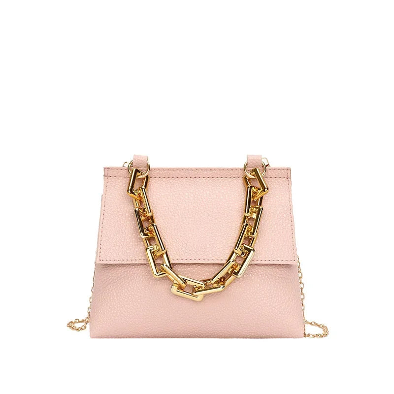 Gold Rubber Chain Decoration Shoulder Litchi Pattern Plain Chain Small Square Women's Bags