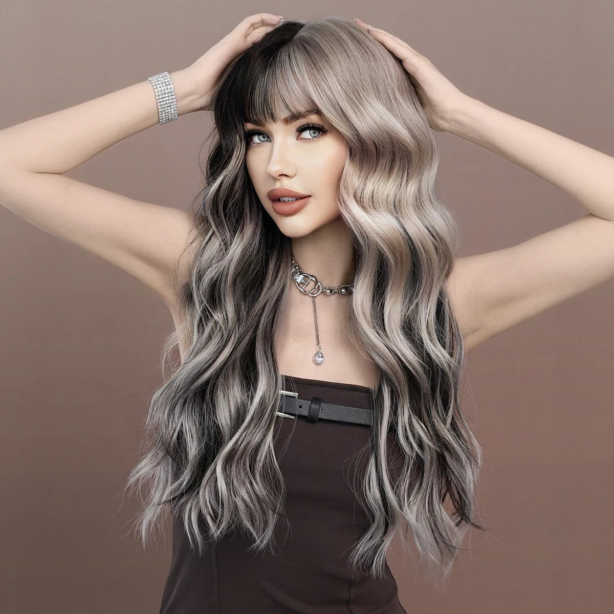 Long Body Wavy Silver Ash Hair Wig  Women Hairstyle