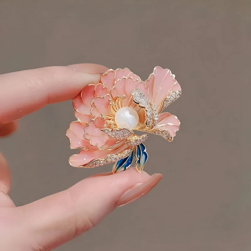 Elegant Peony Studded Rhinestone Brooches