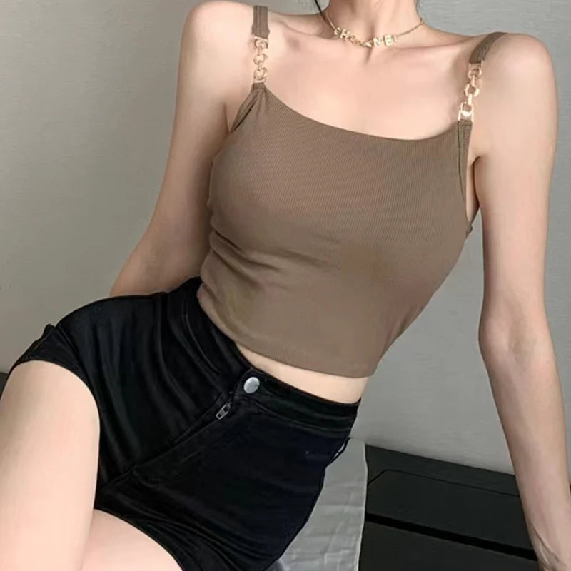 Sexy Crop Top Slim Fitting Camisole Chest Metal Strap Fashion Woman Blouse