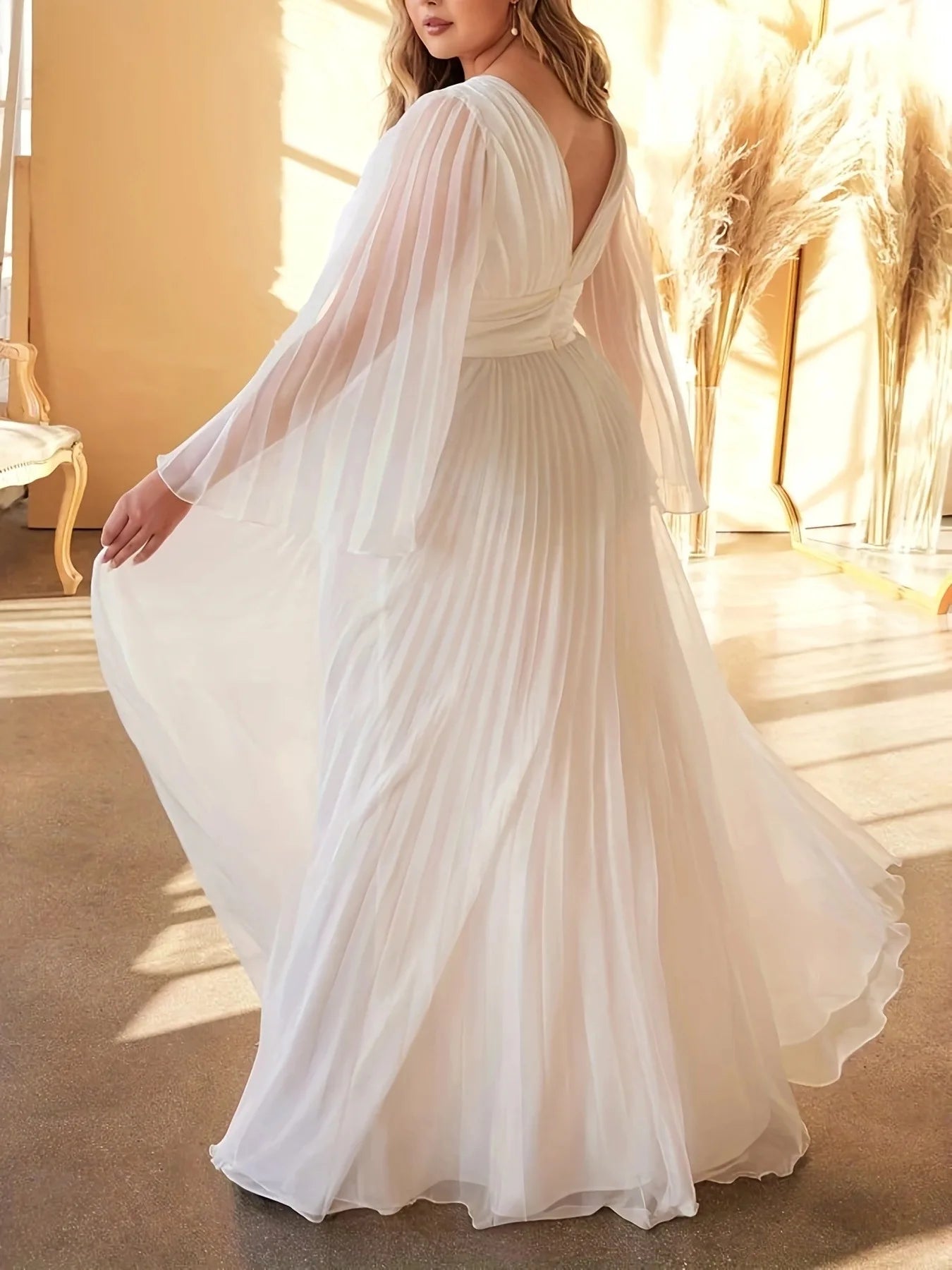 Pleated Elegant V Neck Dinner Evening Long Robe Spring Party Dress