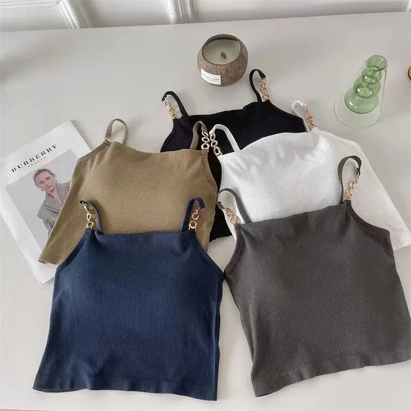 Sexy Crop Top Slim Fitting Camisole Chest Metal Strap Fashion Woman Blouse