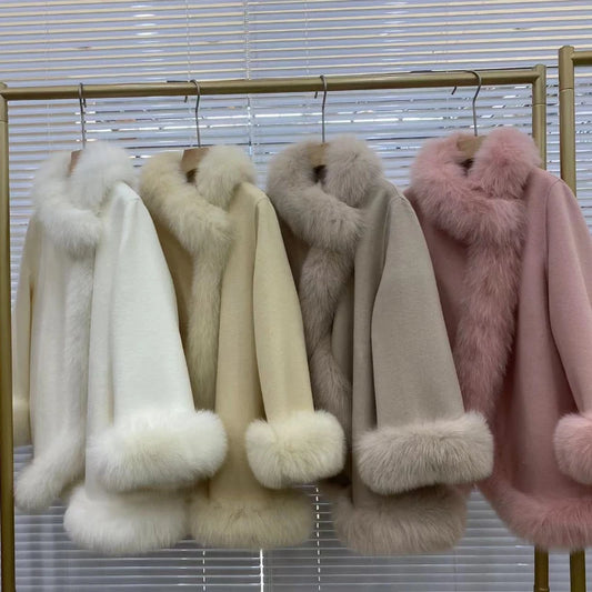 Fur Coat Winter Natural Fox Fur Collar Warm Cashmere Wool Woolen Outerwear Women Jacket