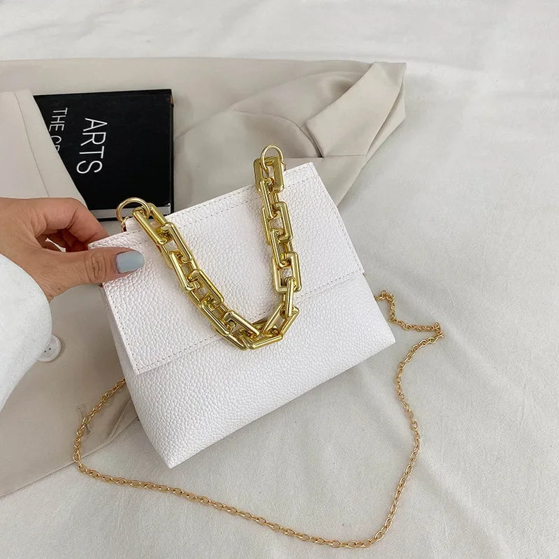 Gold Rubber Chain Decoration Shoulder Litchi Pattern Plain Chain Small Square Women's Bags