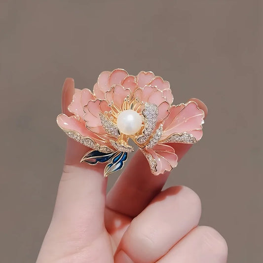 Elegant Peony Studded Rhinestone Brooches