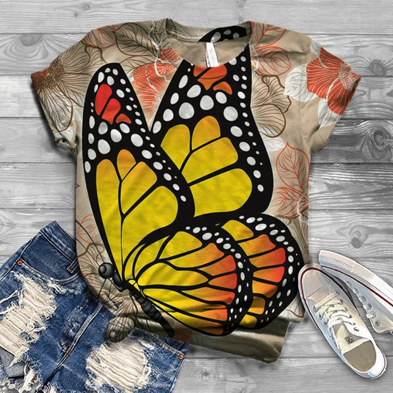 Butterfly Casual Streetwear Short Sleeves Tops T-shirt