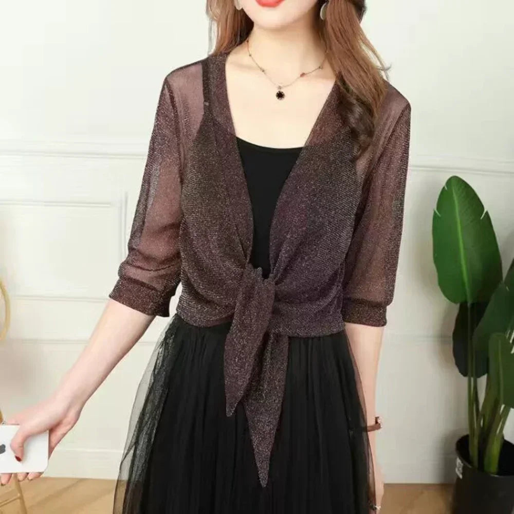 Sheer Glitter Cardigan Half Sleeve Lightweight Blouse