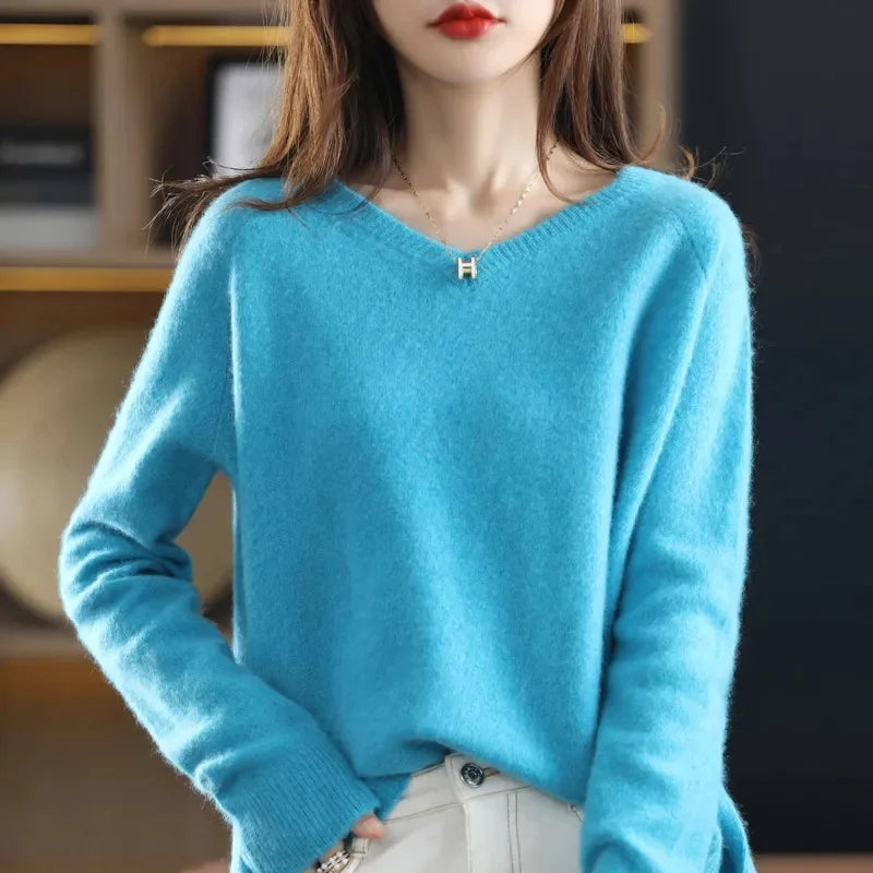 Merino Wool Cashmere Knitted V-Neck Long Sleeve Sweater