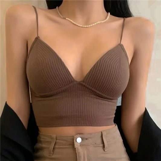 V-Neck Sexy Stretch with Chest Pads Knitted Crop Top Women Blouse