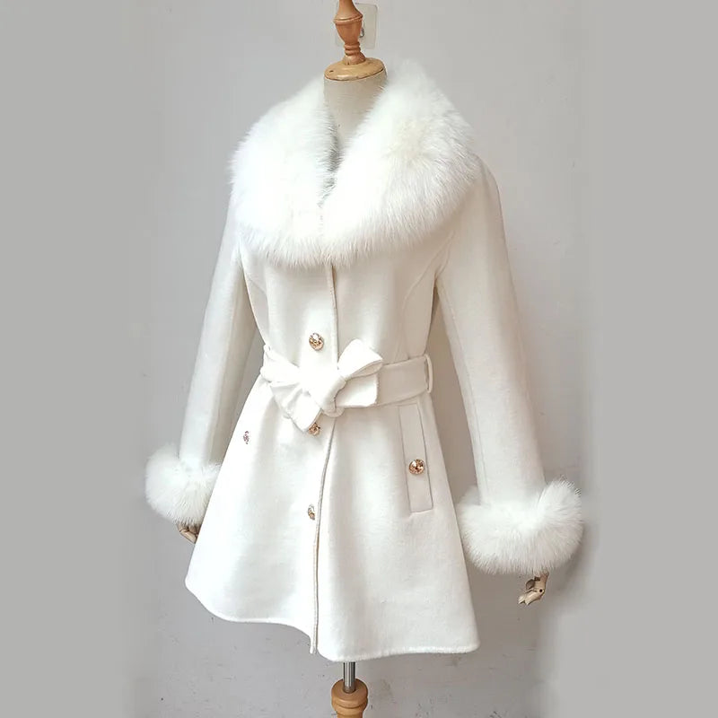 Winter Real Fox Fur Coat Wool With Natural Fox Fur Collar Slim Woolen Cashmere Outwear Women Jacket