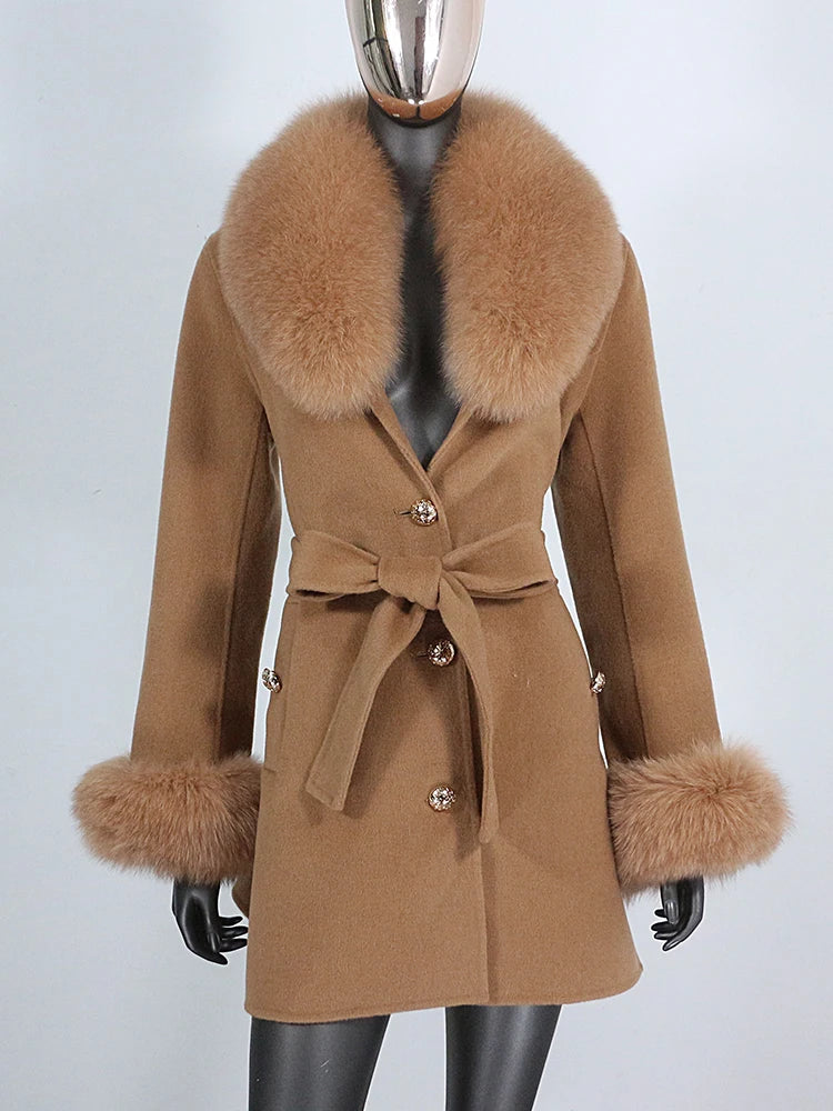 Winter Real Fur Coat Natural Fox Fur Collar Cuffs Belt Cashmere Wool Woolen Warm Outerwear Women Jacket