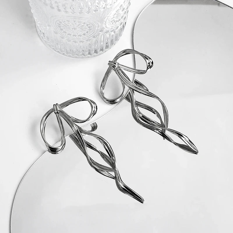 Simple Silver Color Metal Line Bow Earrings