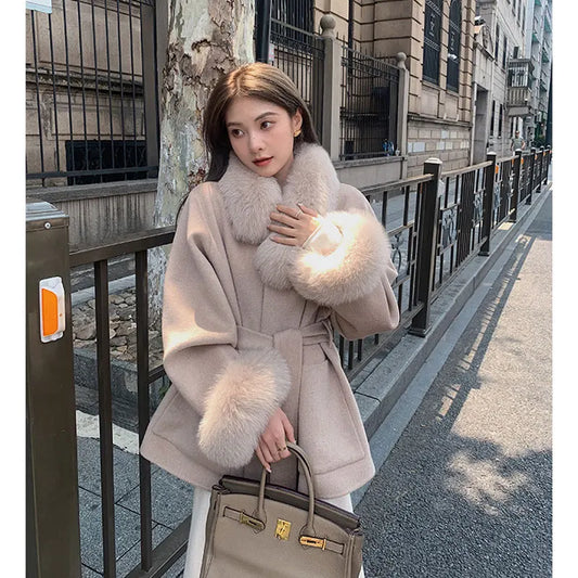 Wollen Coat With Belt Winter Chic Solid Faux Fur Collar Thick Warm Long Lace Up Outwear Woman Jackets