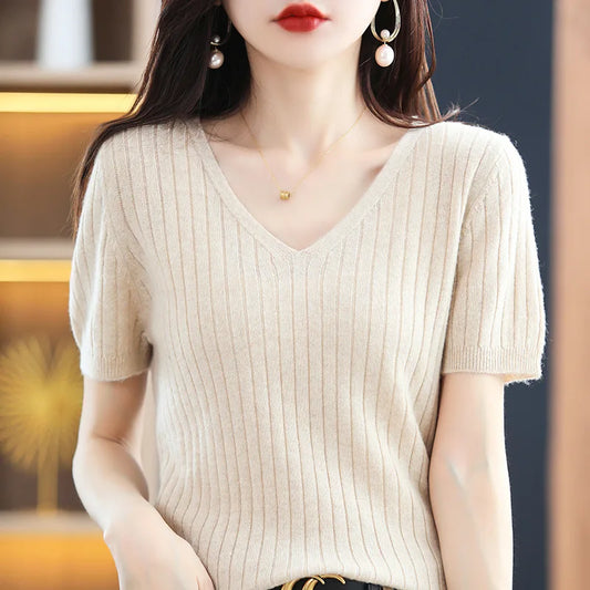 Short Sleeve Spring Summer Stripe Pullovers Slim Casual V-neck Sweater