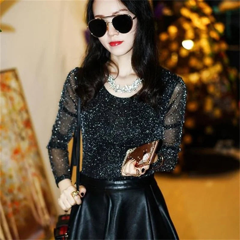 Through Mesh Long Sleeve Transparent Shining Elegant Blouse