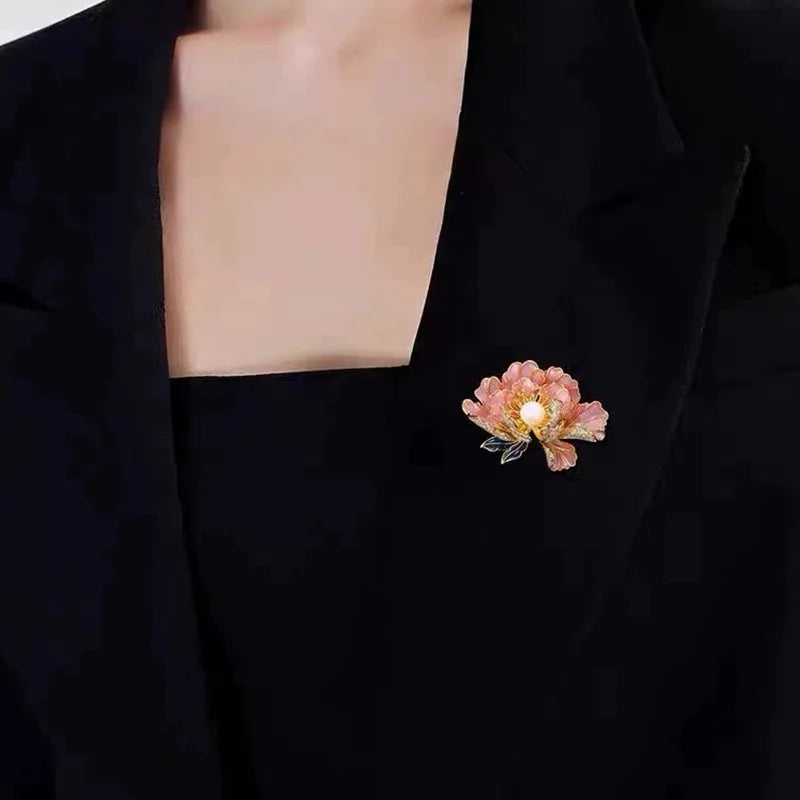 Elegant Peony Studded Rhinestone Brooches