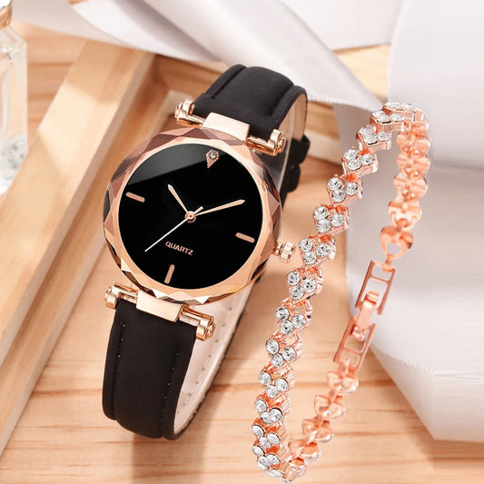 Women Watch Set PU Leather Strap