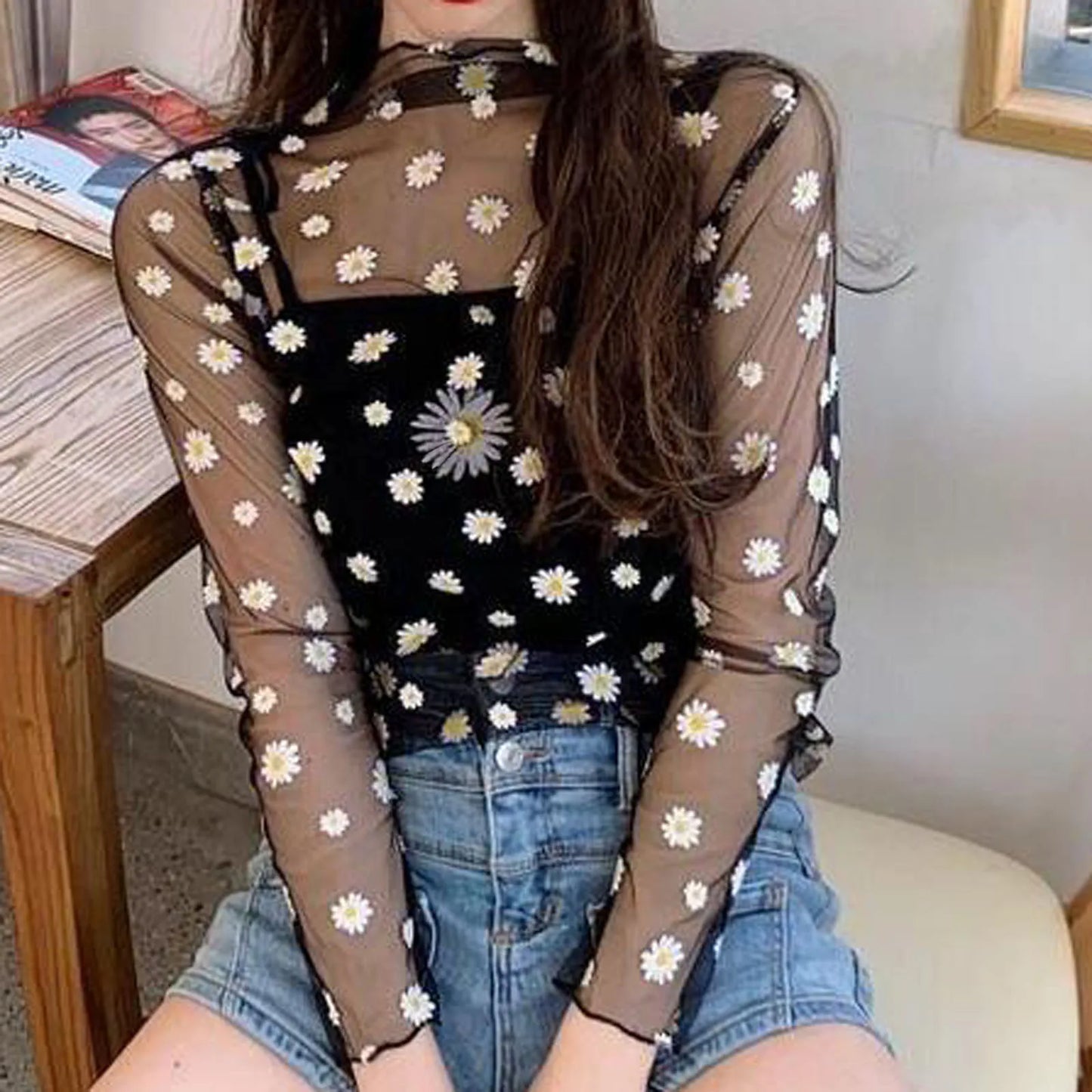 Daisy Print Lace Sleeve Thin Mesh Sunscreen Blouse