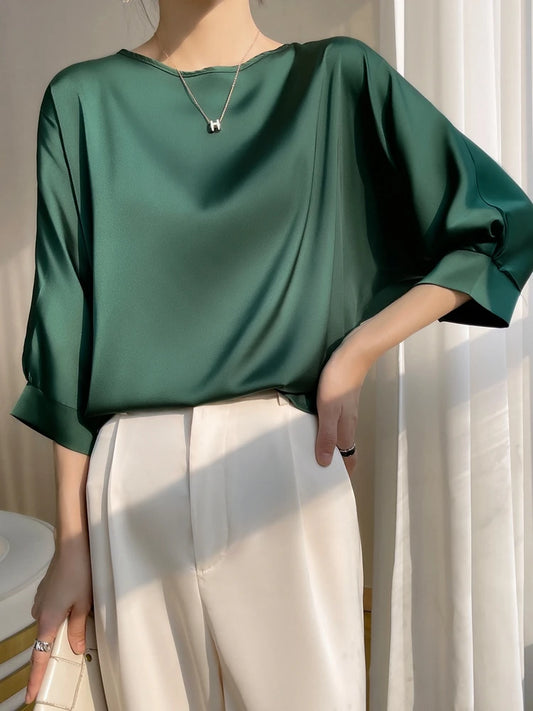 O-Neck Artificial Silk Satin Thin Smooth T-shirt