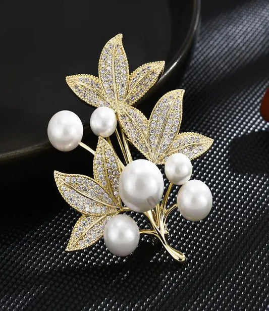 Pearl Maple Leaf Rhinestone Brooches