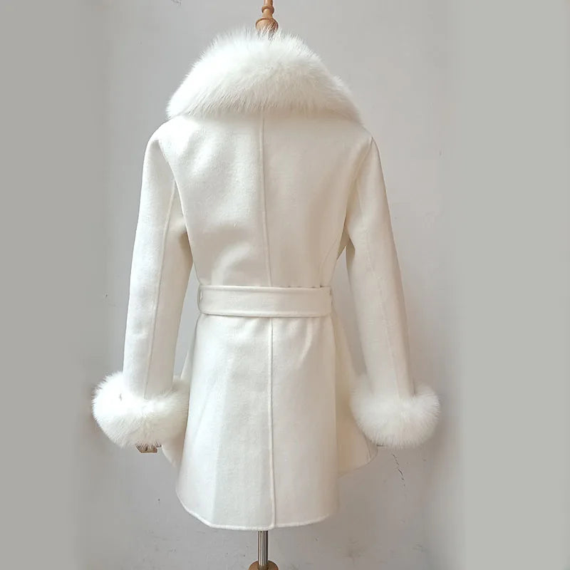 Winter Real Fox Fur Coat Wool With Natural Fox Fur Collar Slim Woolen Cashmere Outwear Women Jacket