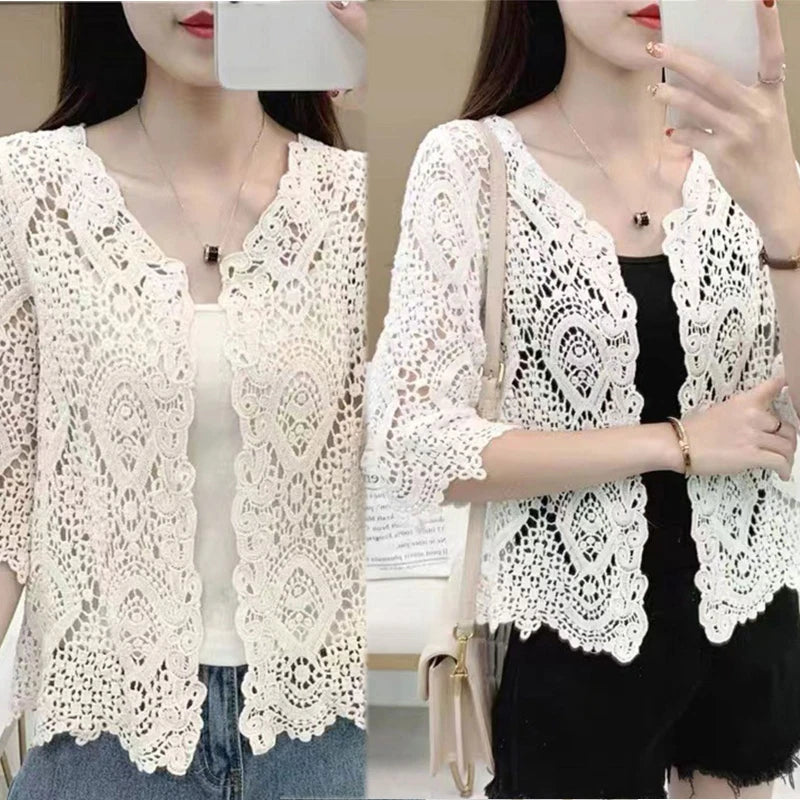 Knit Lace Shrug Crochet Floral Sleeve Open Front Crop Cardigan Sweater