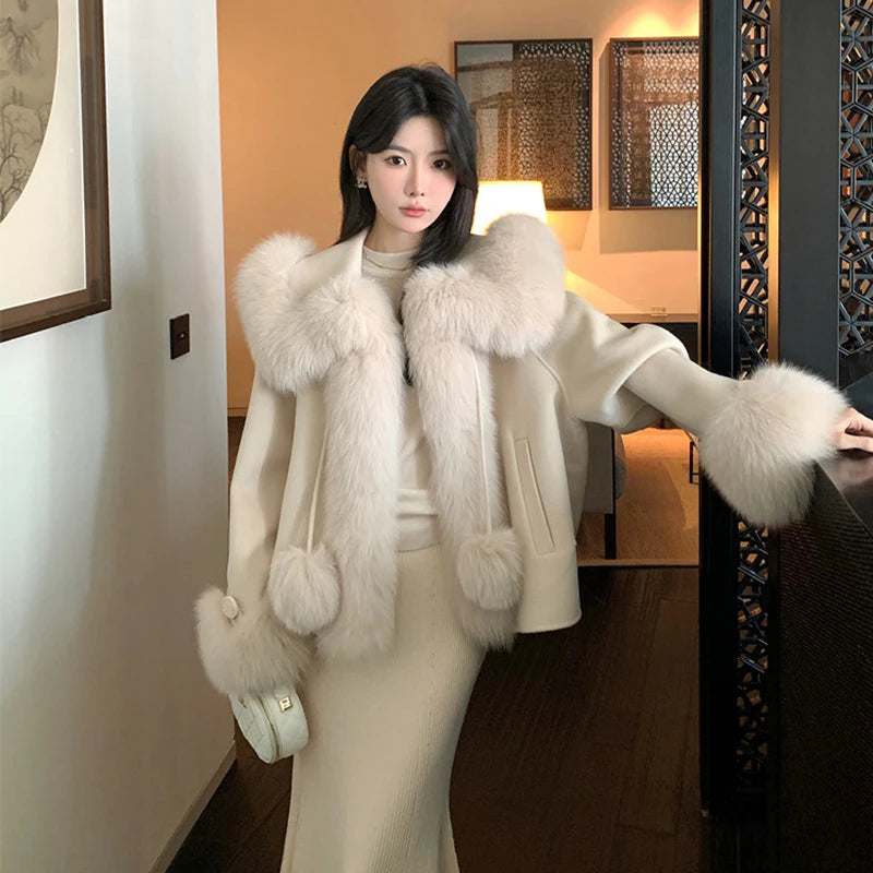 Winter Solid Fox Fur Collar Poncho Coat Luxury Warm Cashmere Women Jacket