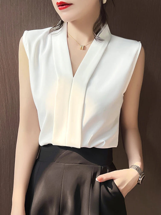 Summer Office Lady Style Sleeveless Tops Elegant Femme Women Blouse