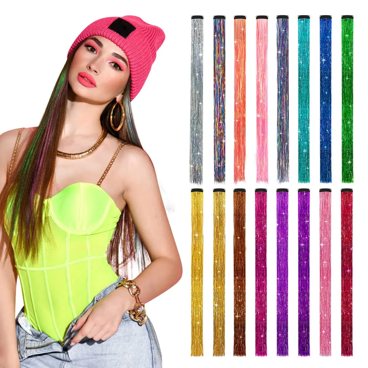 shiny tinsel rainbow silk hair extensions Women Hairstyle