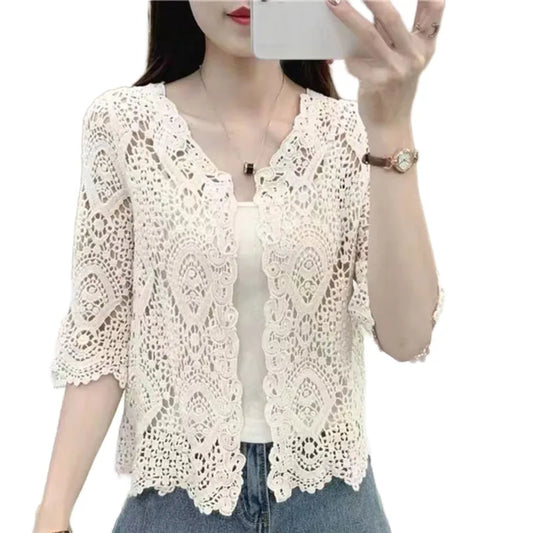 Knit Lace Shrug Crochet Floral Sleeve Open Front Crop Cardigan Sweater