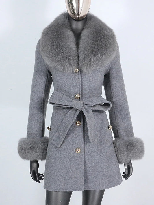 Winter Real Fur Coat Natural Fox Fur Collar Cuffs Belt Cashmere Wool Woolen Warm Outerwear Women Jacket