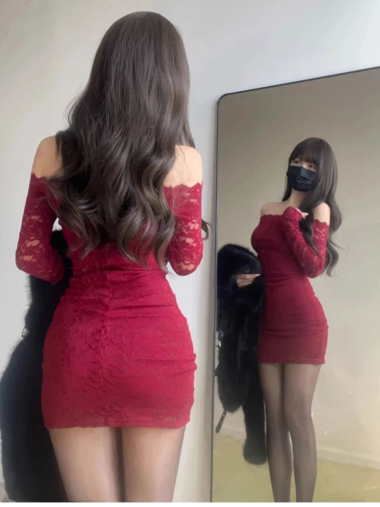 Fashion Lace Sexy A-line Tight Hip-covering Short Solid Long Sleeve Slash Neck Women Dresses