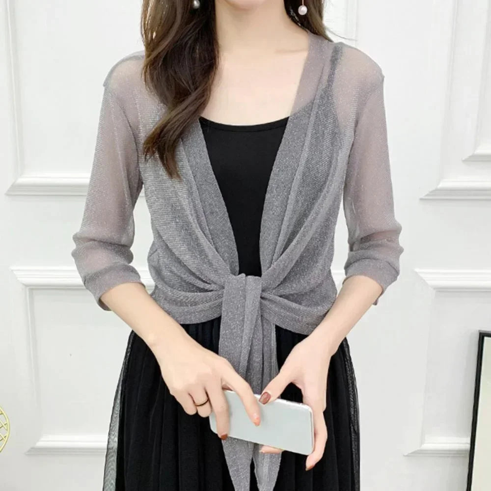 Sheer Glitter Cardigan Half Sleeve Lightweight Blouse