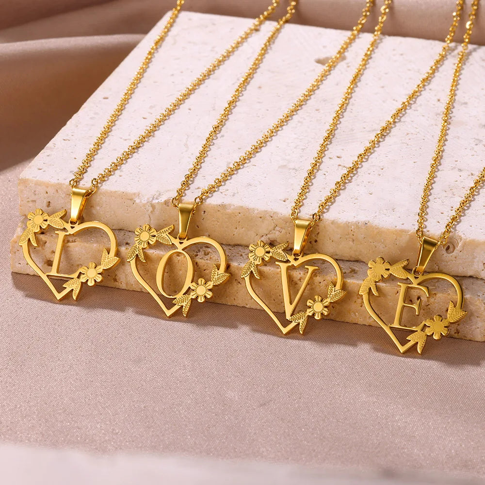 A-Z Letters Initials Heart Pendant Necklace