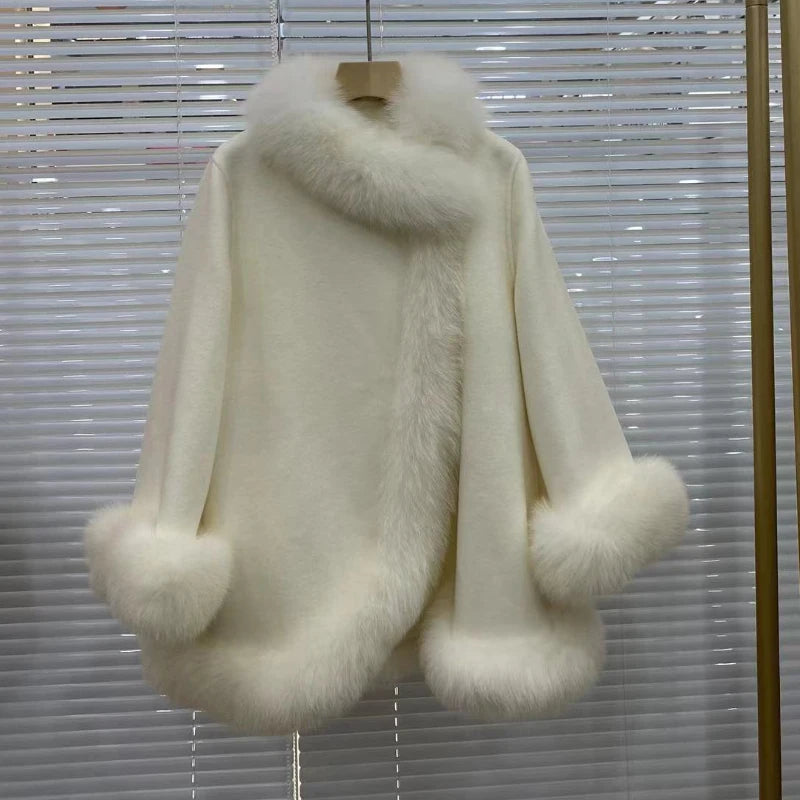 Fur Coat Winter Natural Fox Fur Collar Warm Cashmere Wool Woolen Outerwear Women Jacket