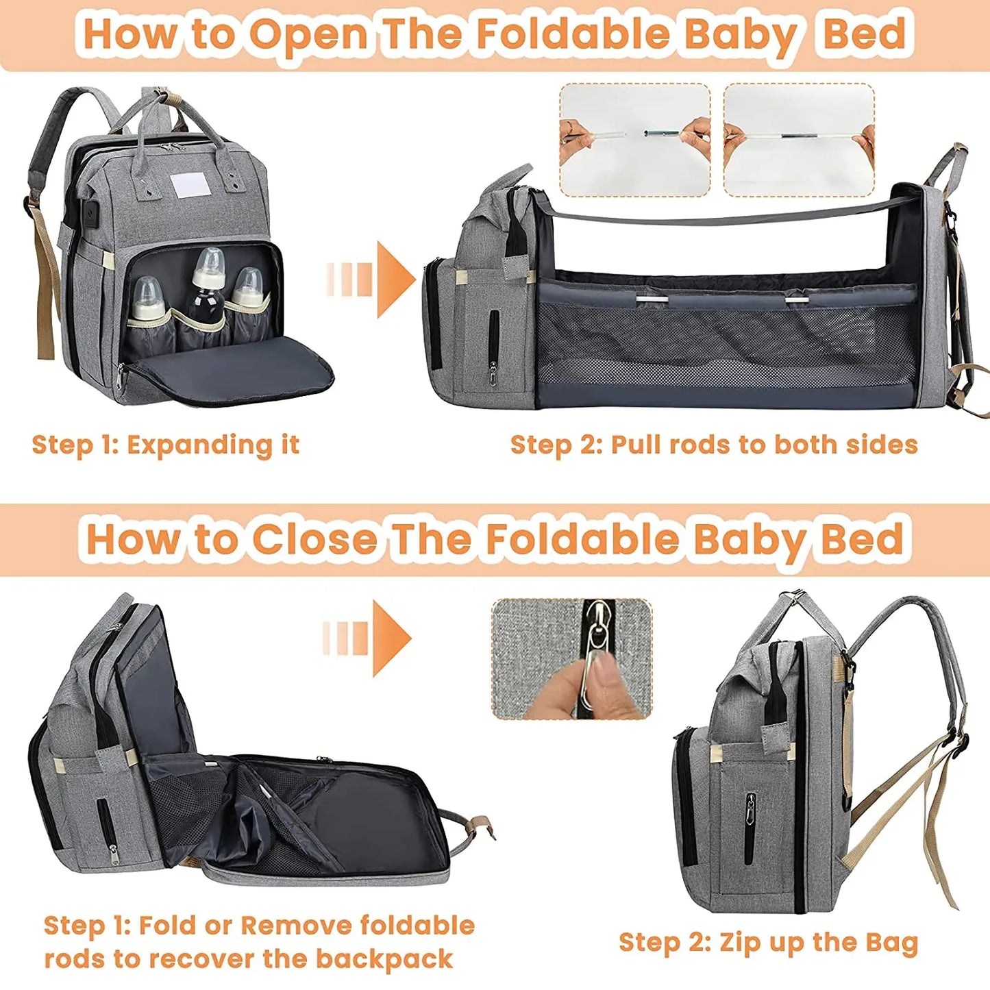 Fashionable Folding Baby Bed Mother Large Capacity Portable Diaper Double Shoulder Mommy Bag