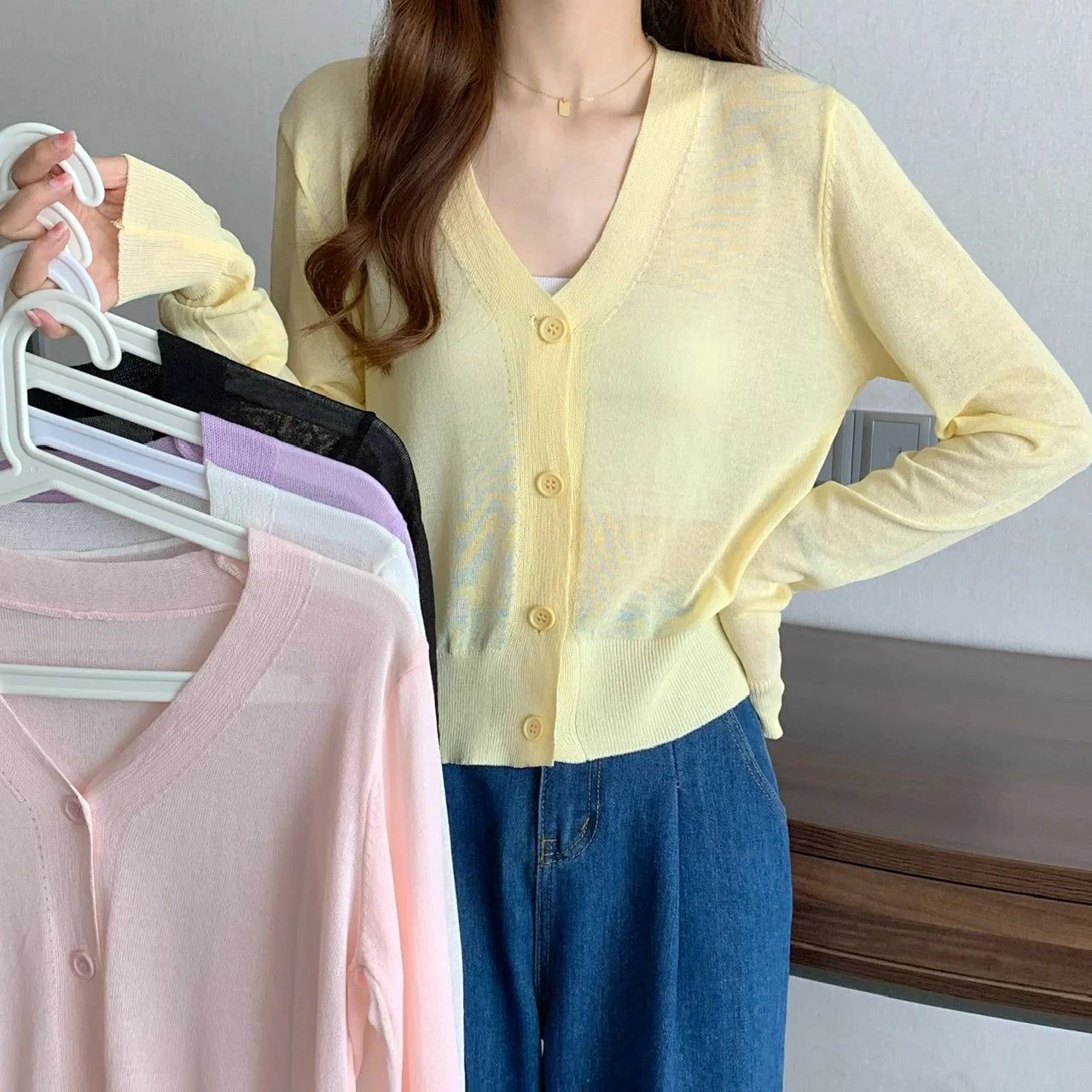 Summer V Neck Cardigan Casual Transparent Simple Thin Sweater