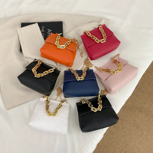 Gold Rubber Chain Decoration Shoulder Litchi Pattern Plain Chain Small Square Women's Bags