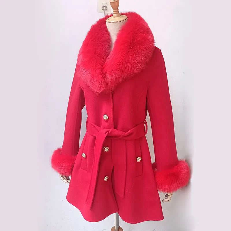 Winter Real Fox Fur Coat Wool With Natural Fox Fur Collar Slim Woolen Cashmere Outwear Women Jacket