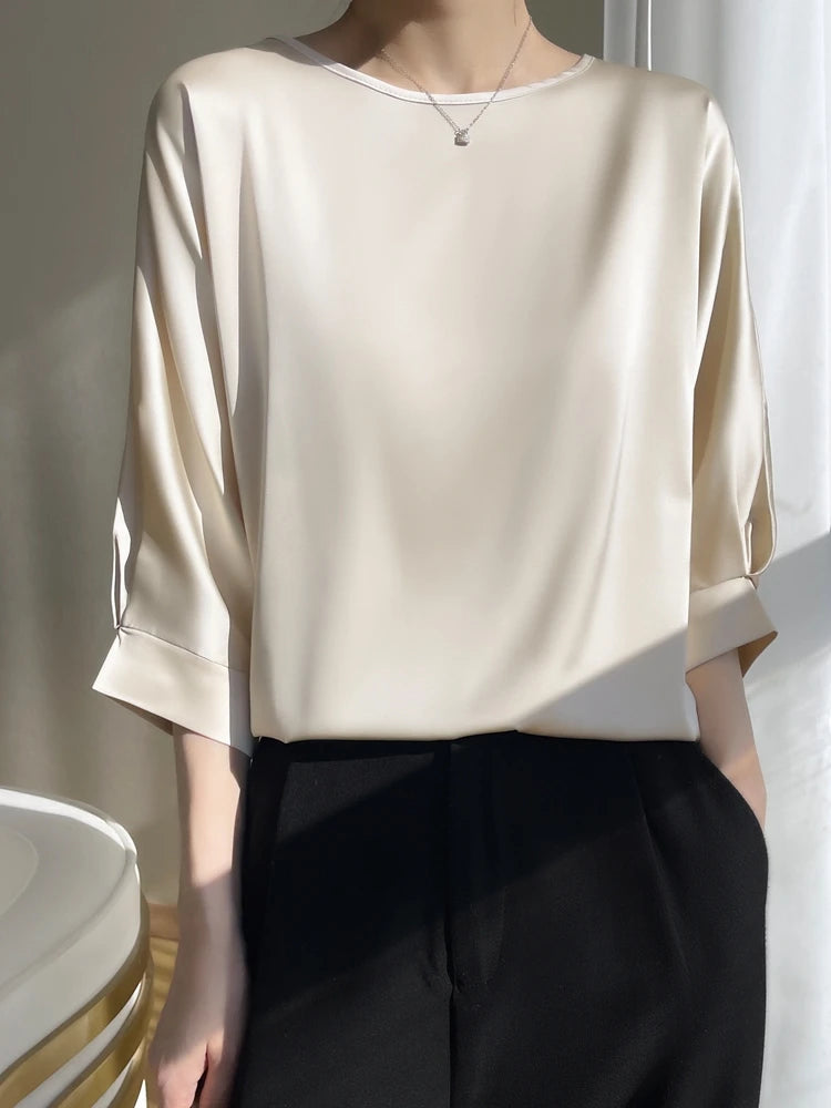 O-Neck Artificial Silk Satin Thin Smooth T-shirt