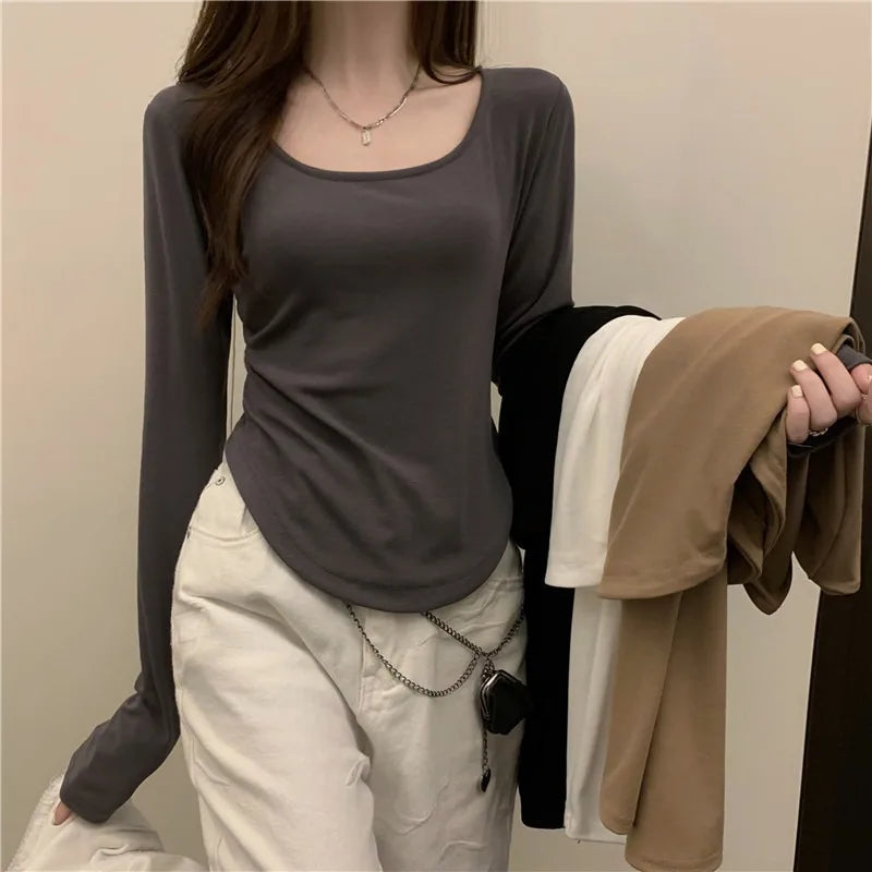 Square Neck Long Sleeve Spring WomenT-Shirt